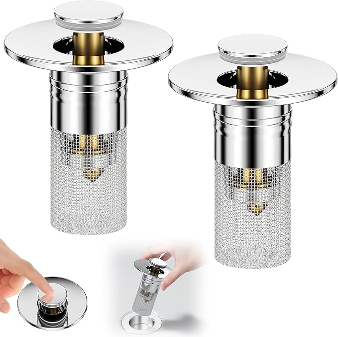 3 in 1 Sink Drain Strainer with Hair Catcher,2PCS Stainless Steel Popup Sink Stopper with Basket for Bathroom Kitchen Shower,Pop-up Bounce Core Floor Basin Drain Filter,Replacement Sink Plug