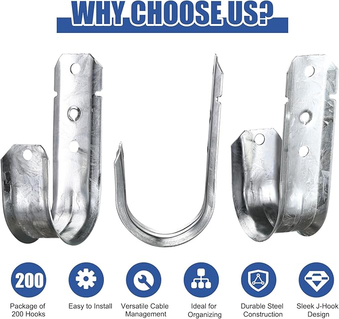 100 Pcs 2-Inch Cable Support, J Hooks Heavy Duty Galvanized Steel Cable Hook Wire Management J Hooks for Attaching Wall Mounting to Vertical Surfaces, Silver
