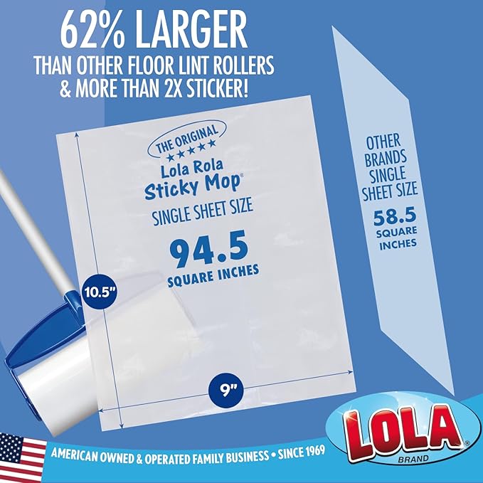 LOLA Rola PET Hair Remover Sticky Mop, Giant Floor Lint Roller, 9" x 3.5", Aluminum Handle, Largest Head, Traps Hair, Dust, Dirt, Extra Sticky Sheets