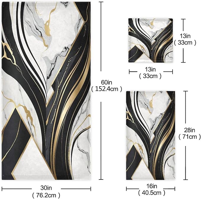 Black and White Modern Bath Towels Set,Ultra Soft 3 Piece Golden Marble Texture Towels for Bathroom,1 Bath Towel 1 Hand Towel 1 Washcloth,Absorbent Quick Dry Decoractive Guest Bathroom Towels
