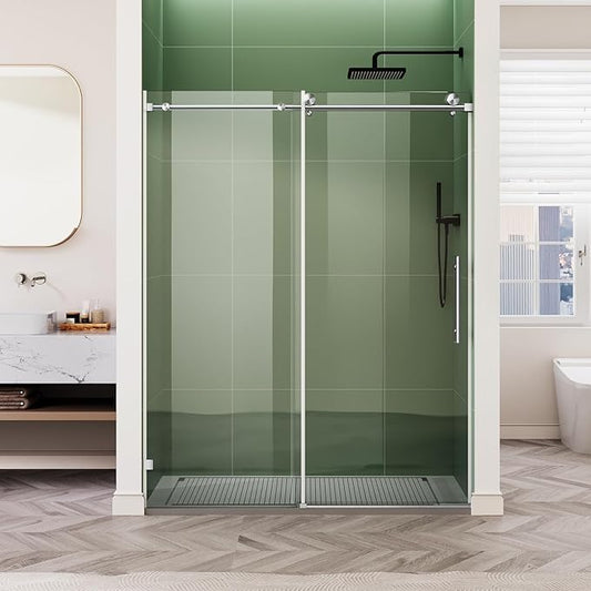 Frameless Shower Door, 44-48" W x 76" H 8mm Single Sliding Shower Door with 5/16" Clear Tempered Glass, Bathroom Glass Door for Walk-in Shower, Brushed Nickel