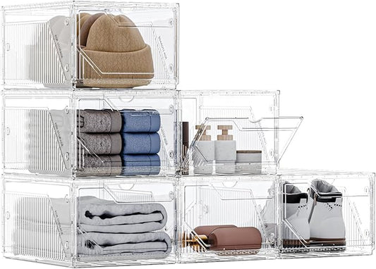 6 Pack Upgraded XX-Large Closet Organizers and Storage with Magnetic Door, New structure is more stable, Thicken & Sturdy Clear Stackable Interconnectable Shoe Box for Entryway, Under Bed