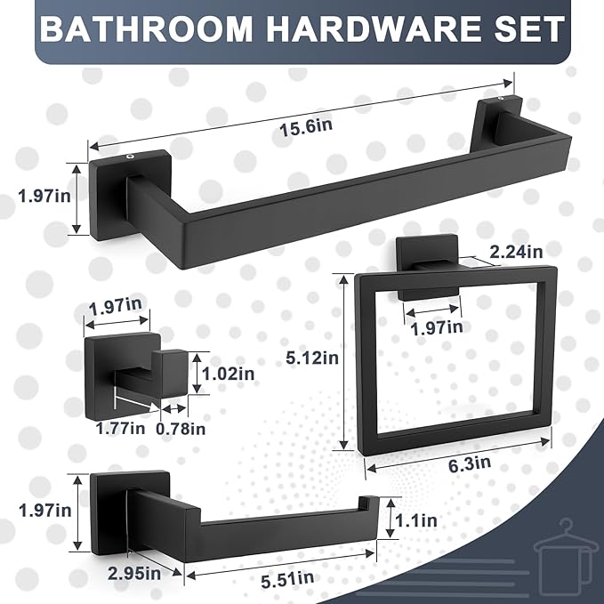 Matte Black Bathroom Hardware Accessories Set, 5 Pcs 304 Stainless Steel Bathroom Towel Holder Bar Set, Towel Rack and Toilet Paper Holder for Bathroom Wall Mounted