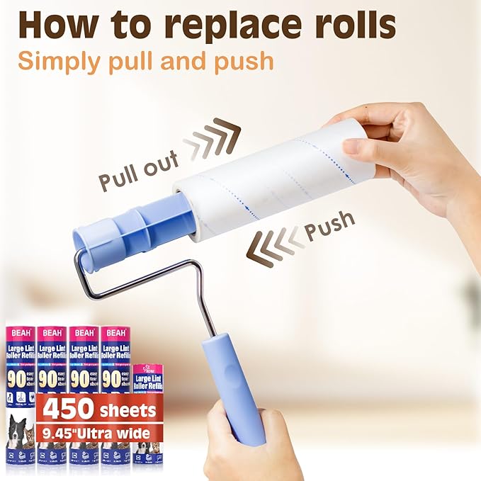 Large Lint Roller for Pet Hair Extra Sticky,10 Years Lifespan,9.45''/6.3" Pet Hair Removal Tool Roller for Dog Cat Hair,450 Sheets/5 Refills,Detachable Telescoping Extension Large Lint Remover