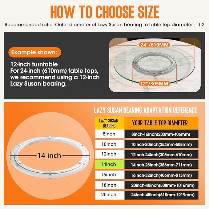 Heavy Duty Lazy Susan Turntable Bearing 14 Inch, 500lbs Capacity Rotating Swivel Plate for Round Table, Heavy Duty Swivel Base for Dining Room Kitchen