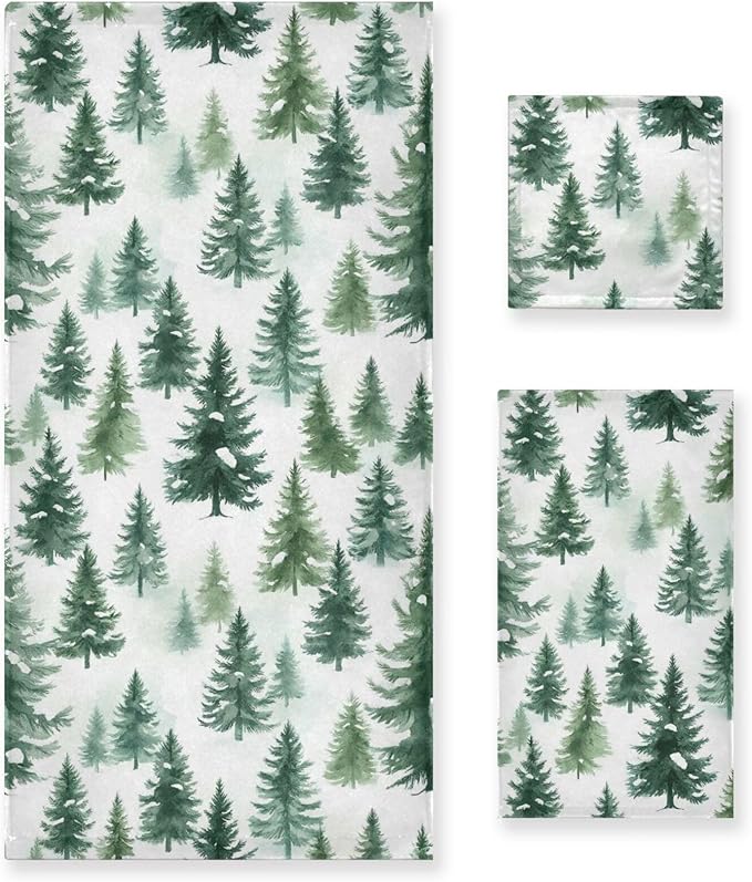 Pfrewn Christmas Winter Towels Set of 3 Woodland Rustic Forest Pine Trees Bathroom Towel Soft Absorbent Bath Hand Towels Washcloth Guest Towel Sets Xmas Holiday Decor