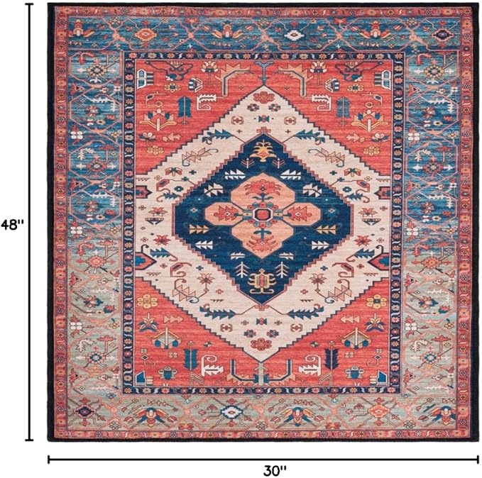 SAFAVIEH Washable Rug Tucson Collection - 2'6" x 4', Rust & Blue, Slip Resistant & Easy to Clean, Ideal for Living Room, Bedroom, Dining Space (TSN153P)