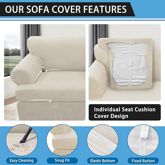 4-Pieces T Cushion Sofa Slipcovers Leather Look Couch Cover for 3 Cushion Couch Furniture Protector Stretch Sofa Cover with 3 Individual T Cushion Seat Covers Washable, Beige
