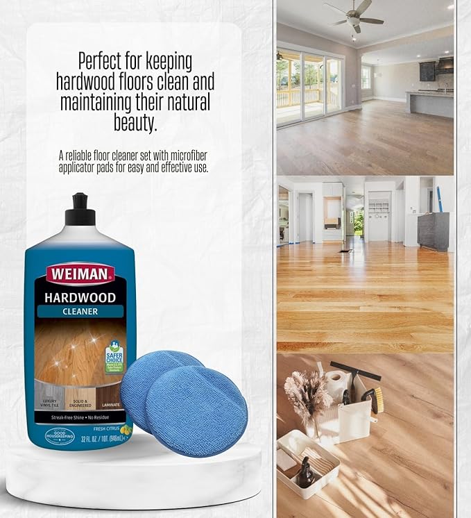 2x Weiman Professional Citrus Scent Hardwood Floor Cleaner Liquid 32 oz Bundle with Microfiber Applicator Pads – Floor Cleaner and Mop Solution for Hardwood, Laminate, Vinyl – Gift Set (3 Items)