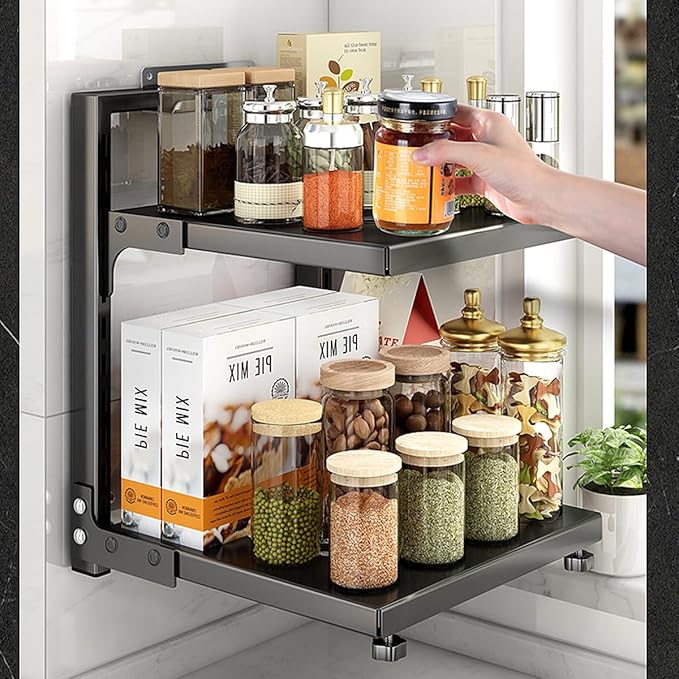 Pots and Pans Organizer for Cabinet Black Adjustable 2 Tier Pot Organizer Rack Under Sink or Floating Shelf Heavy Duty Kitchen Storage Organizers Pot Lid Organizer
