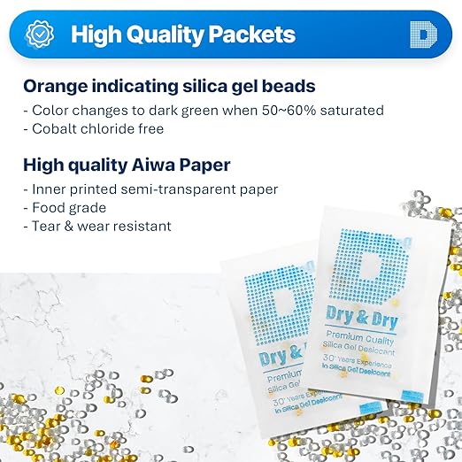 Dry & Dry 5 Gram [35 Packets] Premium Pure & Safe Orange Indicating Silica Gel Packets Desiccant Dehumidifiers - Food Safe Silica Packets Silica Gel Moisture Absorbers