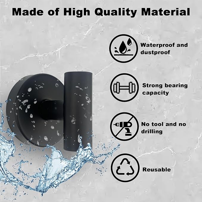 6 PCS Suction Cup Shower Towel Hooks, Wall Mount Robe Holder, Heavy Duty No Drill Wall SUS304 Waterproof Stainless Steel Hooks for Bedroom, Bathroom, Kitchen, Hotel and Office (Matte Black)