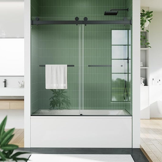 Bathtub Shower Door Glass Sliding 60 Inches,56-60" W x 59" H Frameless Dual Sliding Shower Glass Doors, 6mm Tempered Glass with Stainless Steel Square Rail for Modern Bathroom Matte Black