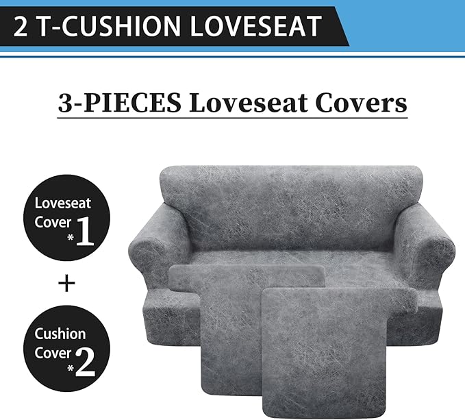 3-Pieces T Cushion Loveseat Slipcovers Leather Look Couch Cover Loveseat Covers for 2 Cushion Couch Furniture Protector Stretch Sofa Cover with 2 Individual T Cushion Seat Covers, Light Grey