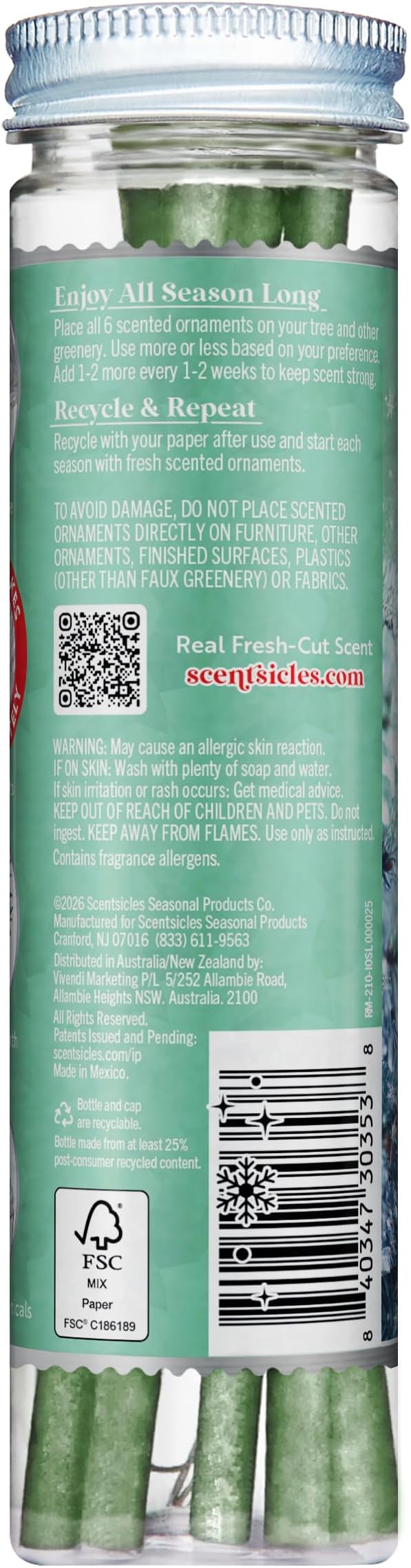 Scentsicles Icicles on Spruce Scented Christmas Ornament Sticks with 6 Hooks - 2 Bottles (12 Sticks Total)