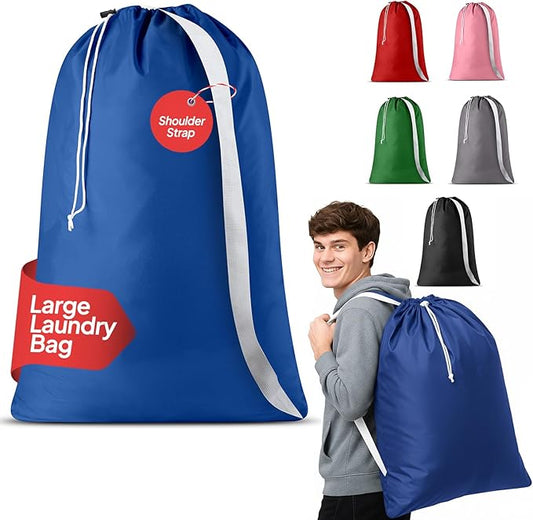 Handy Laundry Bag Shoulder Strap Extra Large - Drawstring Locking Closure, Durable Material, Heavy Duty Stitching, Hands Free Carrying - Perfect College Dorm (Blue, 30" x 40")