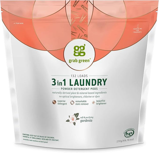 Grab Green Natural 3 in 1 Laundry Detergent Pods, Gardenia-with Essential Oils, 132 Loads, Organic Enzyme-Powered, Plant & Mineral-Based, White, 74.5Oz