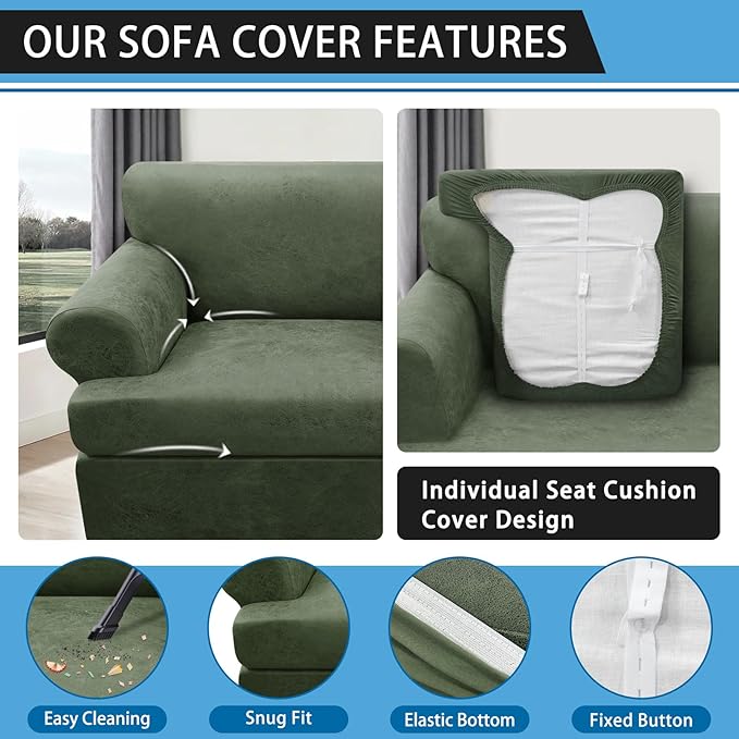4-Piece T Cushion Sofa Slipcovers - Leather Look Couch Cover for 3 Cushion Couch - Army Green