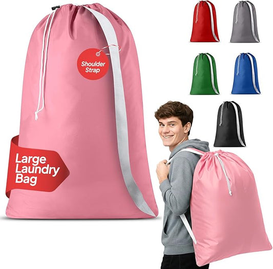 Handy Laundry Bag Shoulder Strap Extra Large - Drawstring Locking Closure, Durable Material, Heavy Duty Stitching, Hands Free Carrying - Perfect College Dorm (Pink, 30" x 40")