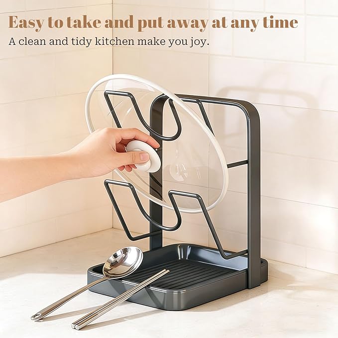 304 Stainless Steel Kitchen Pot Lid Storage Rack, Pot Lid Holder while Cooking, Pot Lid Organizer with Removable Tray & Spoon Rest,Waterproof & Rustproof (Beige, 1 Layer)