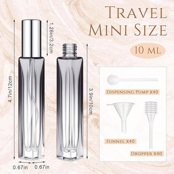 Domensi 40 Pcs 10/15/20/30 ml Perfume Travel Refillable Bottles Glass Spray Bottle Perfume Atomizer for Cologne Dispenser Leak-proof Fragrance Bottles Atomizer Pump Kit (10 ml,Light Colors)