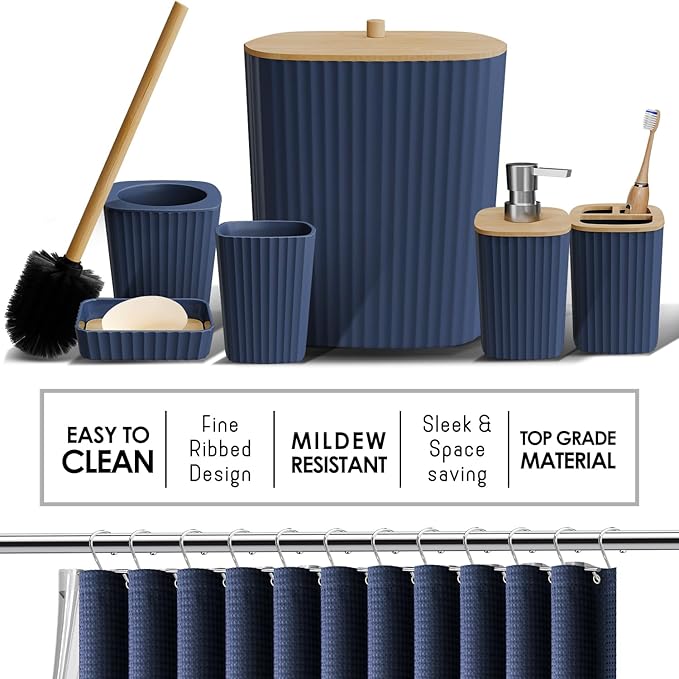 Clara Clark Bathroom Accessories Set - 27PC Bathroom Set with Adhesive Corner Shower Caddy Hanging, Bathroom Sets with Shower Curtain and Rugs, Navy Blue Shower Curtain Set with Bathroom Trash Can