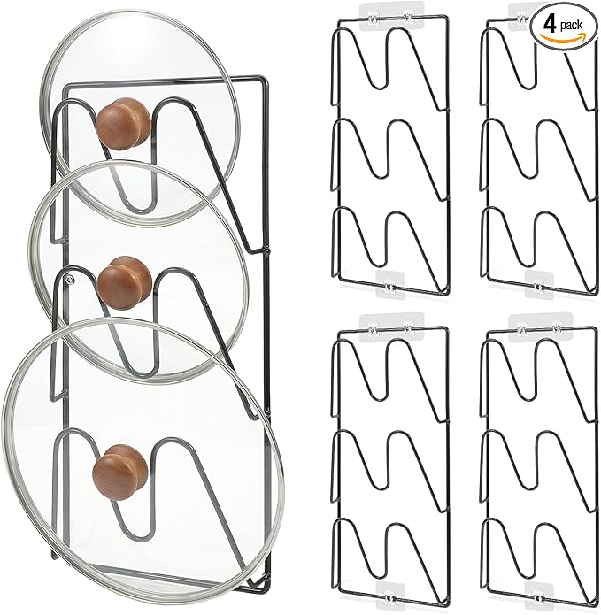 4 Pcs Pot Lid Organizer Rack, 12-Tier Adhesive Mount No Drilling Lid Holder for Cabinet Door and Wall, Rustproof Black Kitchen Storage Solution for Pots and Pans