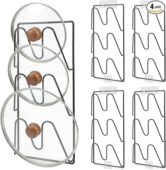 4 Pcs Pot Lid Organizer Rack, 12-Tier Adhesive Mount No Drilling Lid Holder for Cabinet Door and Wall, Rustproof Black Kitchen Storage Solution for Pots and Pans