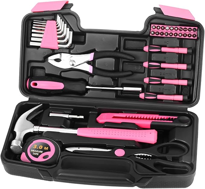 39 Piece Pink Tool Set for Women, All Purpose Household Hand Tool Kit with Plastic Storage Box, Small Tool kit for Home Garage Office College Dorm