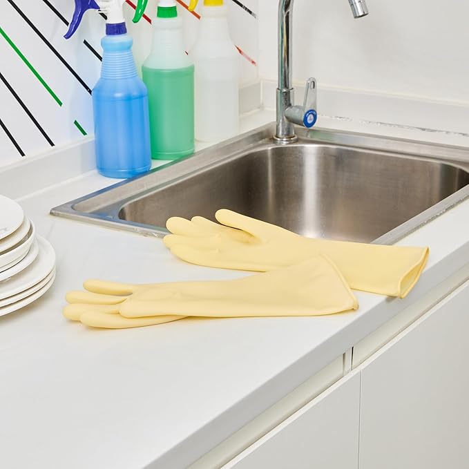 Restaurantware-Clean Tek Professional 22 Mil Small Cleaning Gloves, 1 Pair Of Long Cuff Gloves - No-Slip Grip, No-Powder, Yellow Latex Gloves For Kitchen Cleaning, Ideal For Washing Dishes