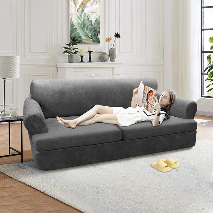 3-Pieces T Cushion Sofa Slipcovers - Leather Look Couch Cover for 2 Cushion Couch - Furniture Protector Stretch Sofa Cover With 2 Individual Seat Covers, Washable, Grey