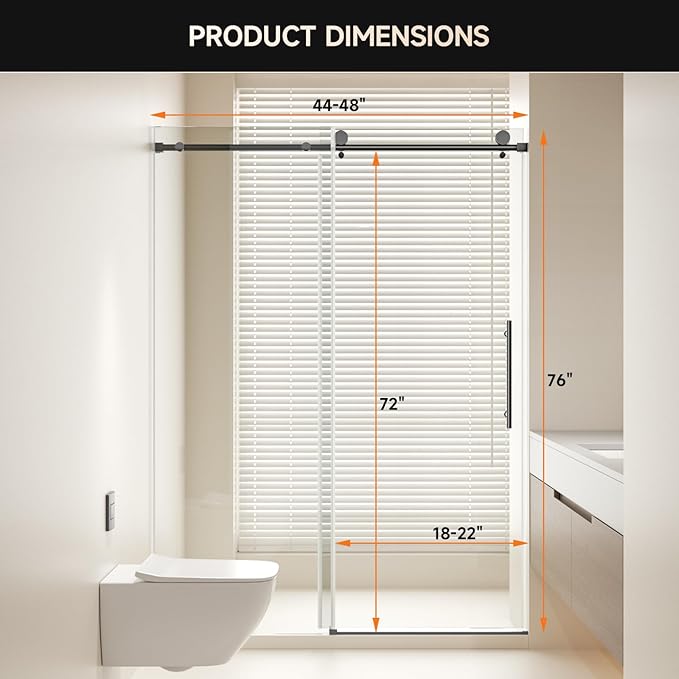Frameless Shower Door, 44-48" W x 76" H 8mm Single Sliding Shower Door with 5/16" Clear Tempered Glass, Bathroom Glass Door for Walk-in Shower, Black