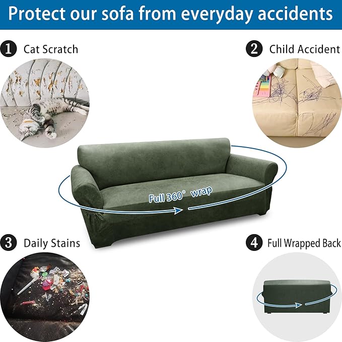 Couch Cover Leather Look 3 Seater Couch Sofa Cover 1-Piece Sofa Slipcover Stretch Furniture Protector with Elastic Bottom & Pockets(Sofa, Army Green)
