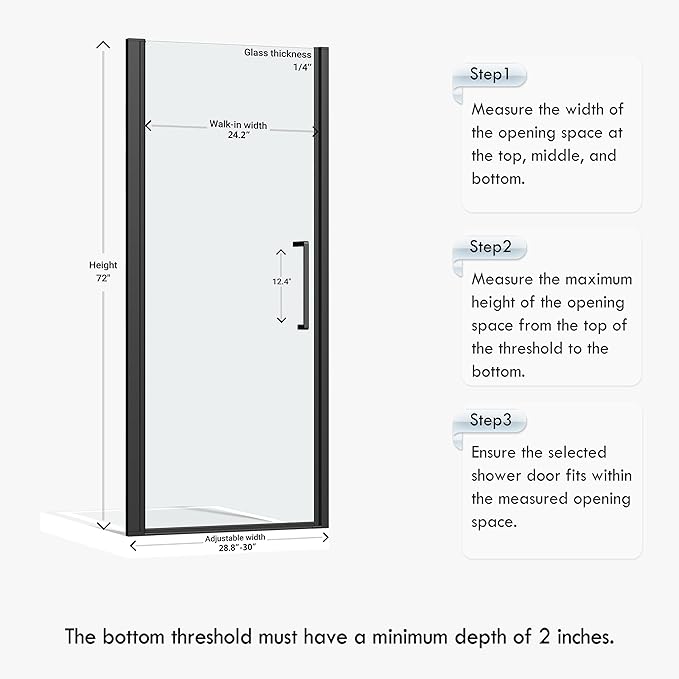 Frameless Pivot Shower Door 28.8-30" W X 72" H, 1/4" (6mm) Clear SGCC Tempered Glass, Hinged Pivot Swing Shower Door, Reversible Installation, Easy to Clean, Matte Black