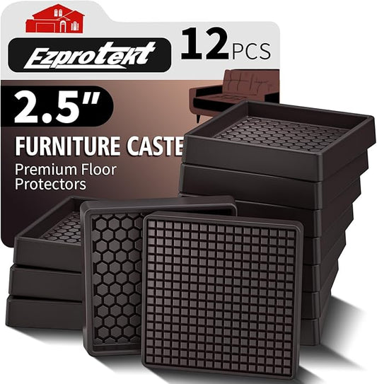Ezprotekt Non Slip Furniture Pads, 12 Pcs 2.5" Anti Skid Rubber Furniture Caster Cups, Anti-Slip Furniture Coasters for Hardwood Floors, Anti Slide Floor Protectors for Bed Couch Stoppers (Brown)