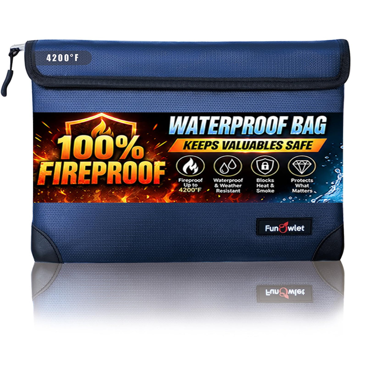 Fireproof Waterproof Money Document Bag, 11"x7.7", Blue - Image 1