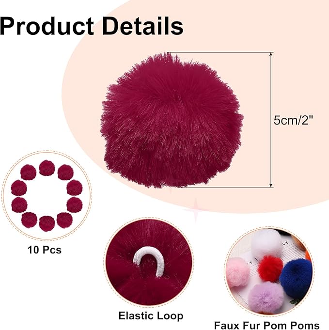 uxcell 2 Inch Faux Fur Pom Pom Balls, 10 Pcs Wine Red Fluffy Soft Faux Fur Pom Poms for Hats with Elastic Loop for DIY Knitting Hats Keychain Scarves Gloves Bags Shoes Accessories