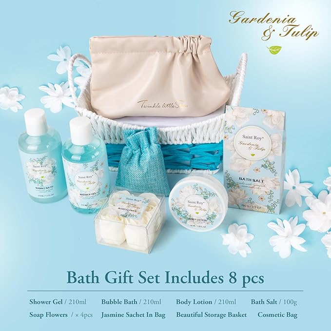 8 Pcs Bath & Body Gift Basket, Gardenia Tulip Gifts for Mom Spa Gift Set for Women, Self-Care Relaxation Gift, Home Spa, Spa Kit w/ Mini Bag Cute Wallet, Birthday, Christmas, Mother Day, Anniversary