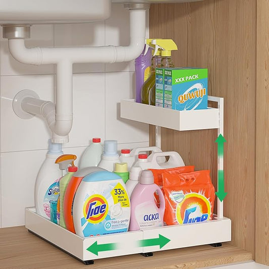 Expandable Under Sink Organizer, 2-Tier Under Cabinet Organizer, Height Adjustable Pull Out Rack for Kitchen Bathroom Laundry, White, 1 Pack