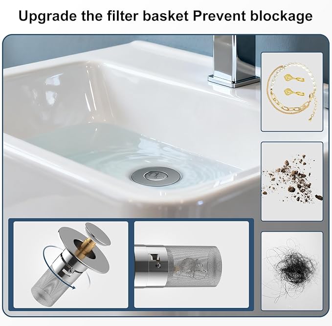 Click Clack Bathroom Sink Drain Stopper with 304 Stainless Steel Filter Basket, Detachable Design, Brass Bounce Setting, Fits Inner Diameters 1.10-1.25 in (28-32mm) (2PCS)