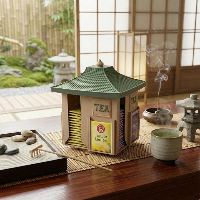 Rotating Japanese Tea Bag Organizer Dispenser - Pagoda Design, 360° Lazy Susan Base, Beige Body with Jungle Green Roof, Zen Matcha/Sencha/Tea Bag Storage Carousel for Kitchen Counter