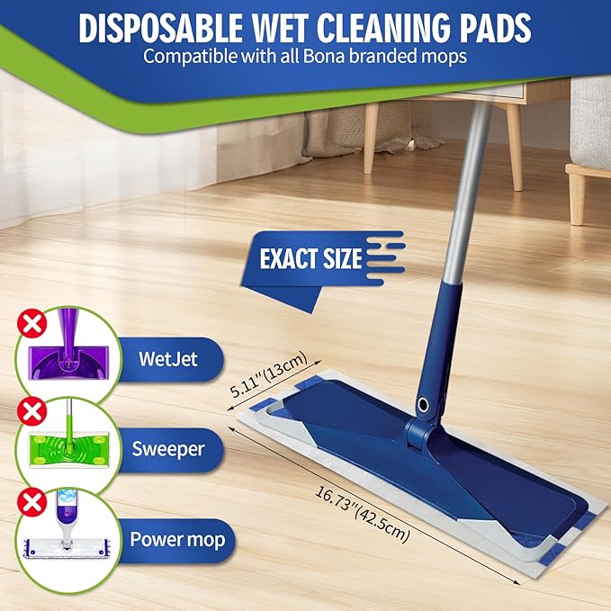 Disposable Wet Cleaning Pads for Hardwood Floor Compatible with Bona Mops, Multi-Surface Floor Household Replacement Mopping Cloths Refills, Unscented, 40 Count