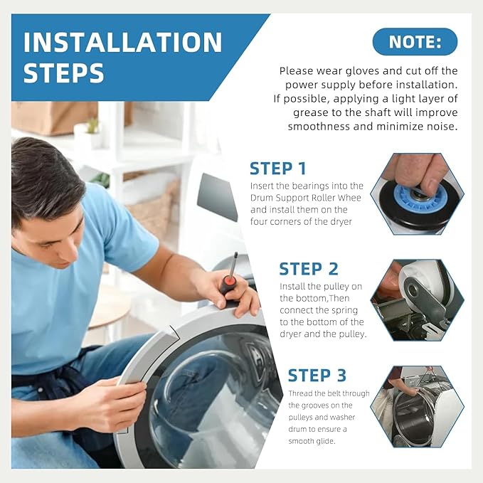 Dryer Repair Kit DC97-16782A Dryer Roller Compatible with Sam-sung DV50K86EV/A3 DV40J3000EW/A2 Includes 6602-001655 Dryer Belt DC93-00634A Dryer Idler Pulley with Tension Spring by AMI PARTS