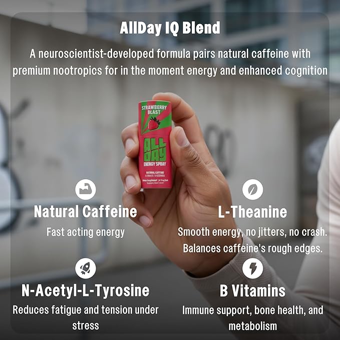 ALLDAY Focus + Energy Spray | Natural Caffeine + L-Theanine + Essential Vitamins | 0 Calorie, 0 Sugar | 12 Spray Bottle | Faster, Cleaner, Smoother Energy* (4 Pack Variety)