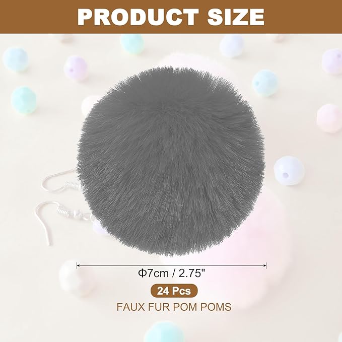 PATIKIL Faux Fur Pom Poms for Hats, 24 Pcs Fluffy Soft Fur Poms Balls with Elastic Loop for Keychain Knitting Hats DIY Scarves Gloves Bag Christmas, Light Gray