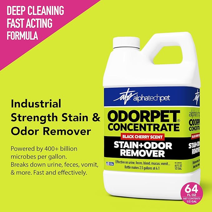 OdorPet Pet Stain Remover and Odor Eliminator - 64 Oz (Makes 2.55 Gallons of Working Solution) Non Staining, Professional Strength, Black Cherry Scent by Alpha Tech Pet