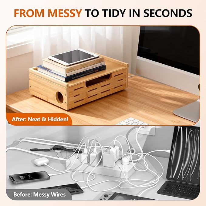 Cable Management Box – Large Extension Cable Organizer Box for Power Strips Floor Outlet Hider Durable Bamboo Cord Hider for Home Office Under Desk & Floor TV Wires Computer Router USB Hub Cables