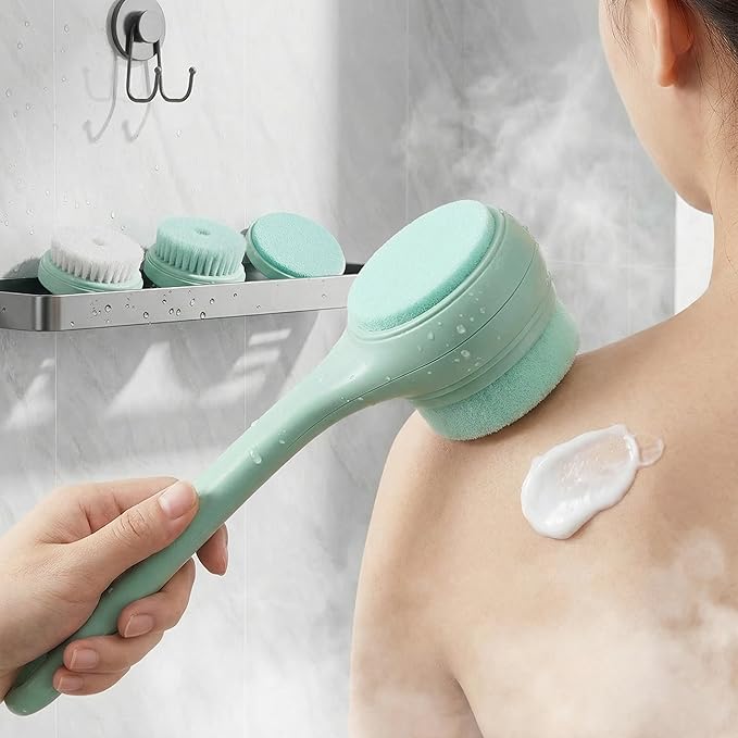 ME JO Electric Body Brush Back Scrubber for Shower | Massaging Spin Brush | 5 Replacement Heads | Waterproof | Rechargeable |Shower Back Scrubber for Men Women | Exfoliating Bath Brush(Green)