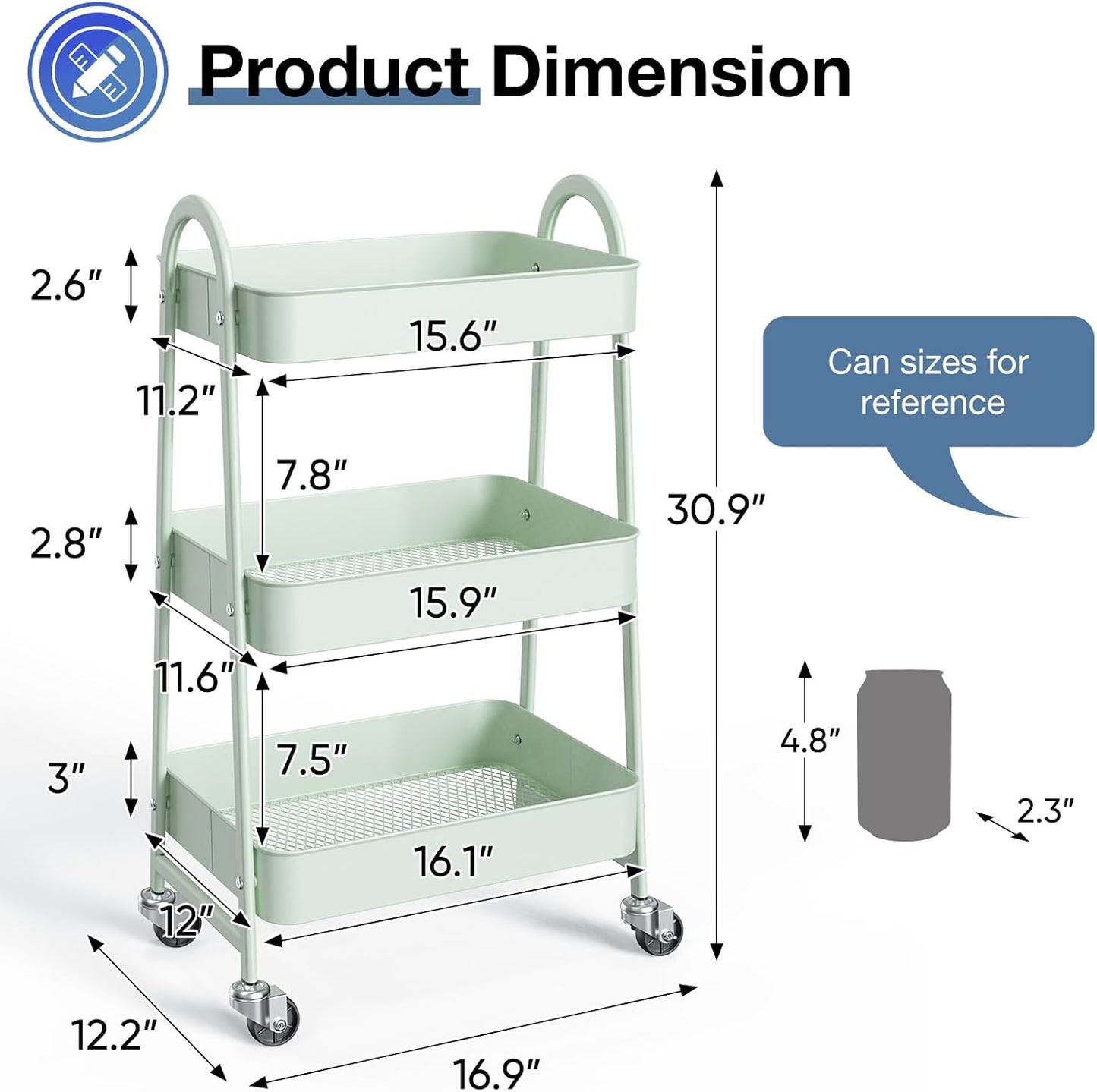 3-Tier Metal Rolling Storage Cart with Lockable Wheels – Mesh Utility Cart for Bathroom, Kitchen & Living Room (Pale Green)