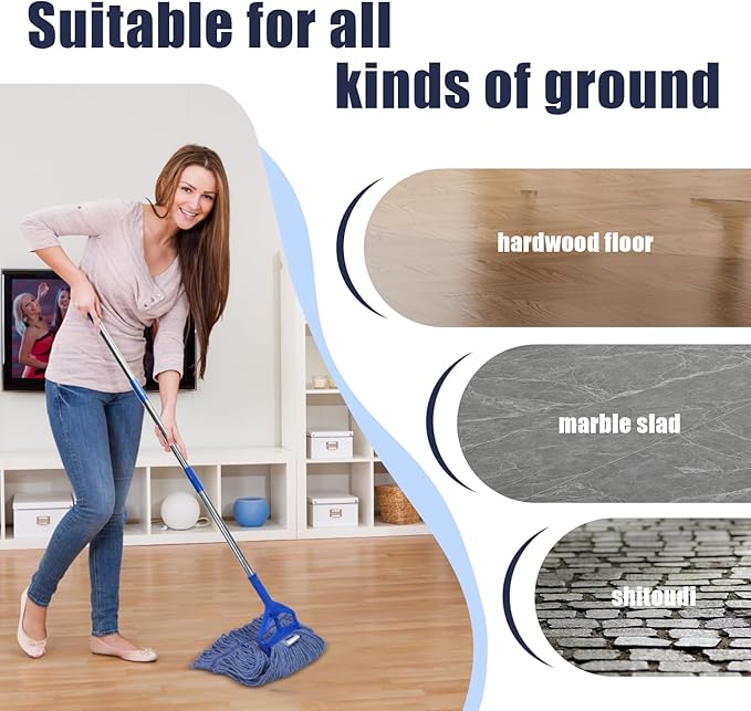 Commercial Cotton Mop Heavy-Duty Industrial with 2 Replacement Heads 152 cm Handle Replacement mop Head (Blue)